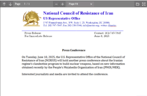 Iran: NCRIUS to Hold Press Conference on June 10, 2025