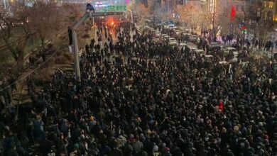 Large crowds of protesters march through the streets of Mashhad, northeastern Iran on January 8, 2026